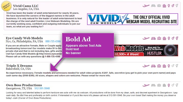 Banner Ad: Appears above Bold and Text ads, 468x60 banner, Bold text.