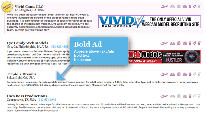 Banner Ad: Appears above Bold and Text ads, 468x60 banner, Bold text.